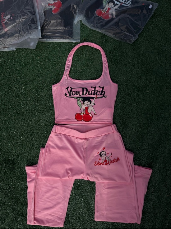 Von Dutch Pants - Von Dutch Pink Cherry Logo Halter Tank + Pants Set